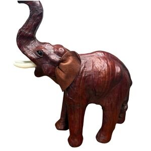 Vtg Hand Crafted‎ elephant Leather Wrapped Statue Figurine brown